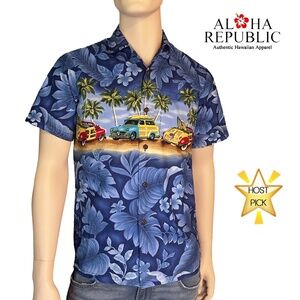 AL HA Republic Hawaiian Shirt Tiki Vintage 90s Chemise Woody Wagons Surf Boards